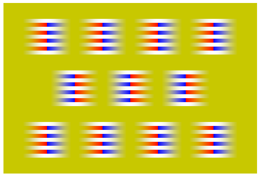Иллюзия движения: верхний и нижний ряд движутся влево, а центральный - вправо